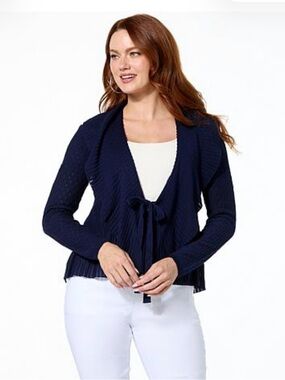 Nina Leonard Navy Ruffled Open-Front Cardigan
